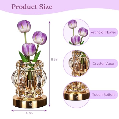 Tulip Flower Night Light, Artificial Flower Touch Lamp with USB Rechargeable, Adjustable Brightness Lamp with 3 Color Temperatures, Flower Table Lamp for Bedroom, Dining Room and Living Room(Purple) by CRMNLOFXC - Used condition - Image 4