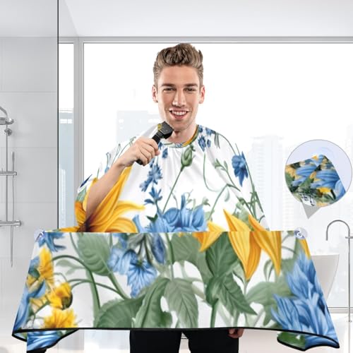 Capa de corte de cabello impermeable profesional MAOBLYR de girasoles y campanillas azules (3) con cierre ajustable de broche para peinados en barbería miniatura 6