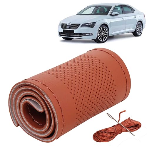 Image of KINGSWAY PU Leatherite Car Steering Cover Sewable Compatible with Skoda Superb (Year 2020 Onwards), Tan Color with Tan Thread, Pack of 1 with Sewing Needle and Thread
