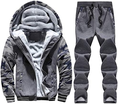 Men's Winter Fleece Lined Hoodies Sweat Suit Camo Thicken Tracksuit Set Coat + Pants Sport Set (Dark Blue Camouflage, L)