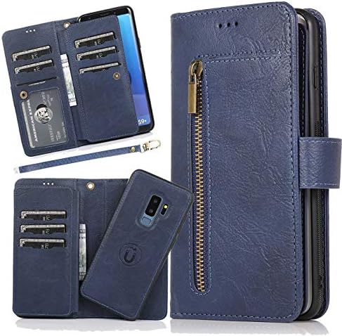 Samsung Galaxy S9 Plus Wallet Cases for Women Men Removable PU Leather Protective Case with Card Holder Strap Coin Pouch Samsung S9 Plus Detachable Magnetic Cover Flip Folio Zipper Phone Purse Blue