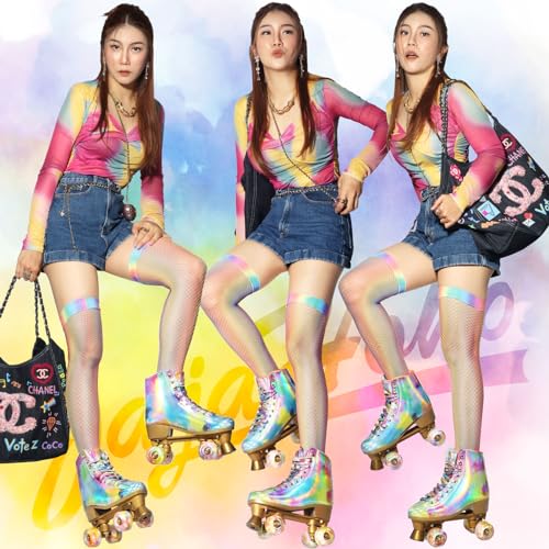 JajaHoho Roller Skates for Women, Holographic High Top PU Leather Rollerskates, Shiny Double-Row Four Wheels Quad Skates for Girls and Age 8-50 Indoor Multicolor (Rainbow, Size 7)