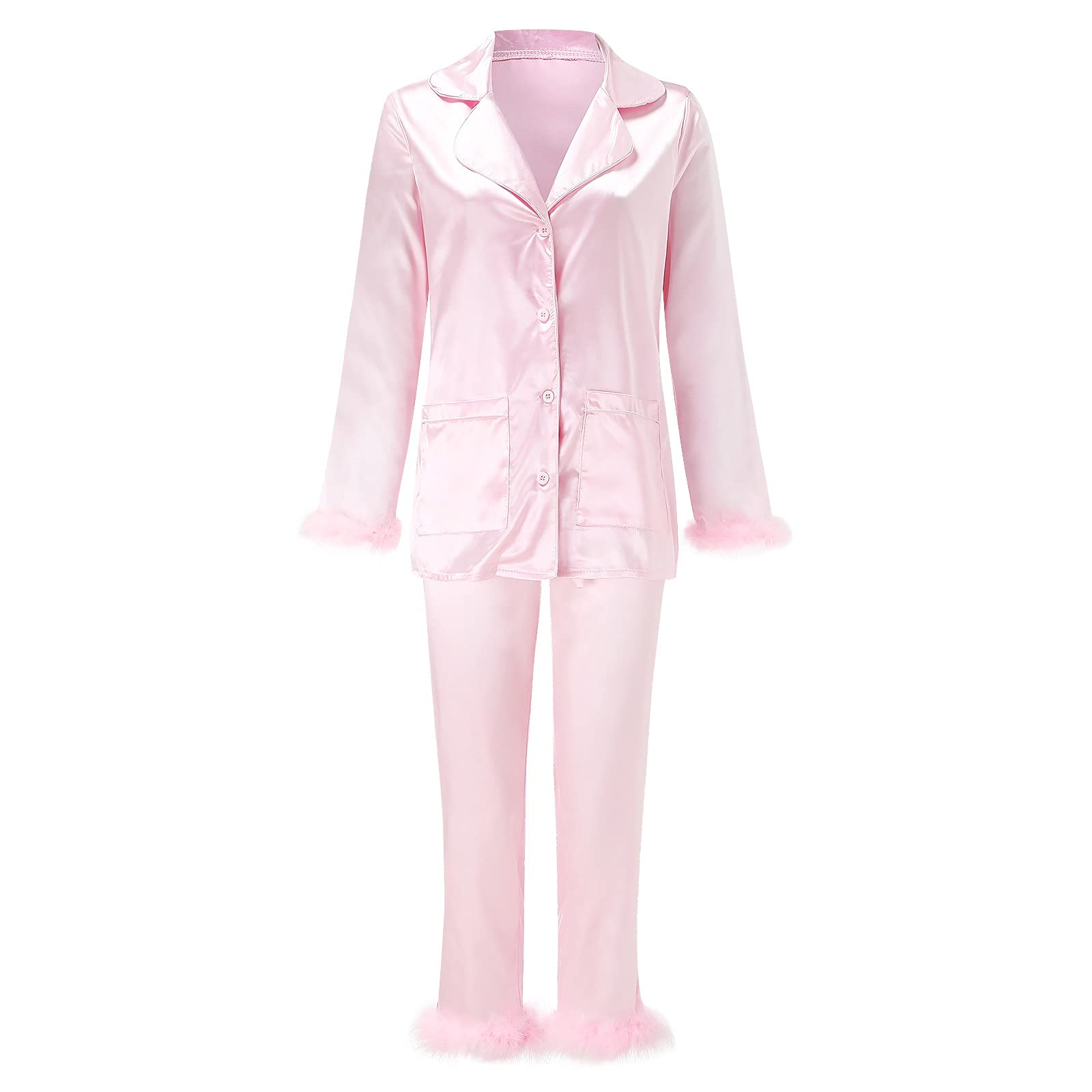 Conjunto de pijama para mujer, suave color sólido con plumas, cómodo conjunto de pijama de satén con solapa abotonada para invierno y otoño, conjunto de pantalones de pijama de algodón atractivo,