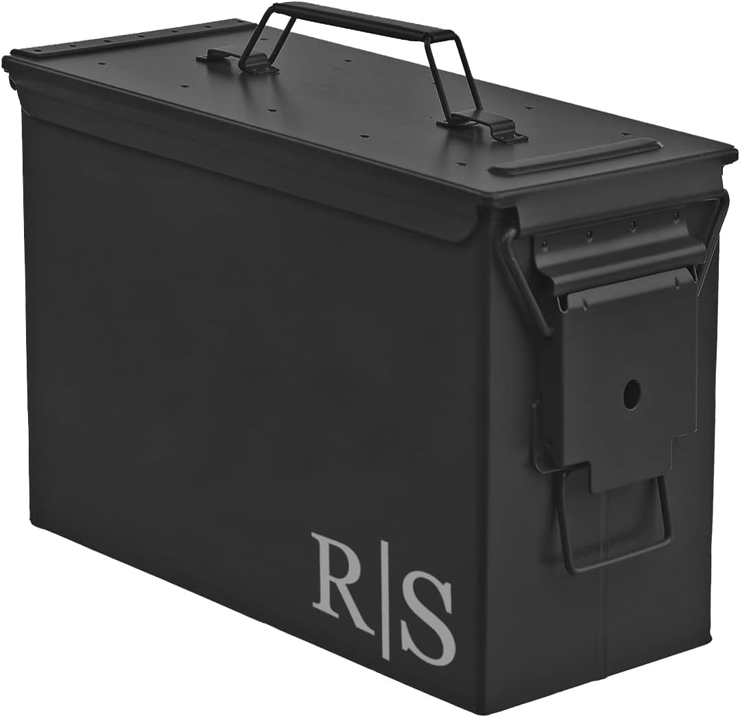 Custom Engraved Ammo Box Metal Ammunition Case Steel Storage Can Personalized Monogram Initials Corner (50 Caliber, Black)