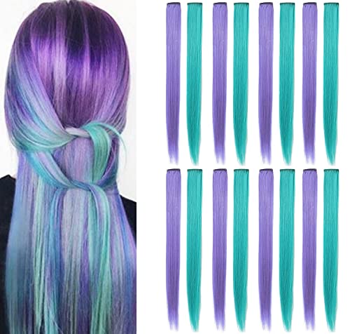 SARARHY Colored Hair Extensions Clip in,21'' 16Pcs-Teal Lavender