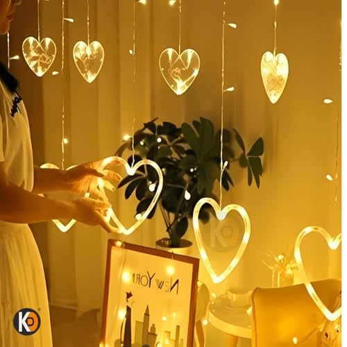 Image of K D 6 +6 Heart Warm Yellow 138 LEDs Curtain LED String Lights (3.5 ft Length + 0.5 FT Length After Adapter = 4ft) with 8 Modes Indoor Outdoor for Home, Diwali, Navratri (Heart 6+6 Warm Yellow)