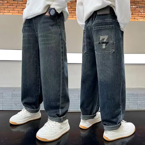 Boys Straight Leg Jeans Casual Baggy Denim Pants Y2K Streetwear Elastic Waist Trouser Fall Winter Jeans with Pockets3