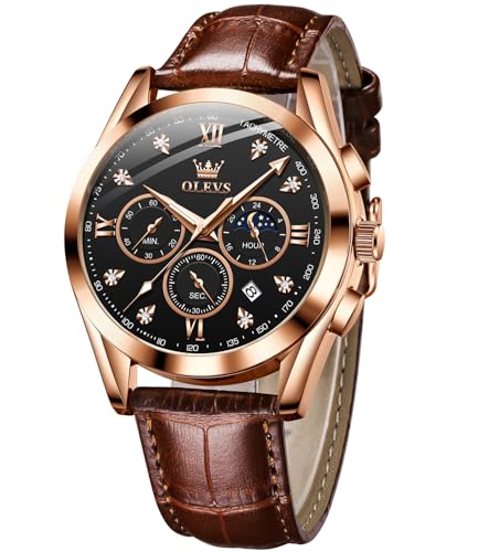 Image of OLEVS Watches for Men Original Analog Quartz Stylish Brown Leather Luxury Business Chronograph Waterproof Date Mens Wrist Watch