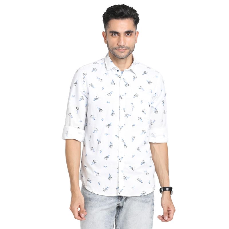 Image of Turtle Men Cotton Linen White Printed Slim Fit Full Sleeve Casual Shirt