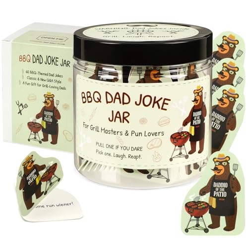 JULEASEL 60 BBQ Dad Jokes Cards Jar – Fathers Day Gift Funny Dads Gifts from Daughter Son Wife, Funny Grill Jokes for Husband Stepfather Grandpa Grill Masters Men, BBQ Party & Birthday