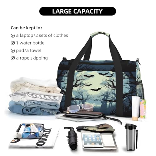 Travel Duffel Bag For Men Women, Halloween Moon Forest Tree Bats Carry On Sport Gym Bag With Shoulder Strap Lightweight Waterproof Weekender Bag Overnight Bag 6