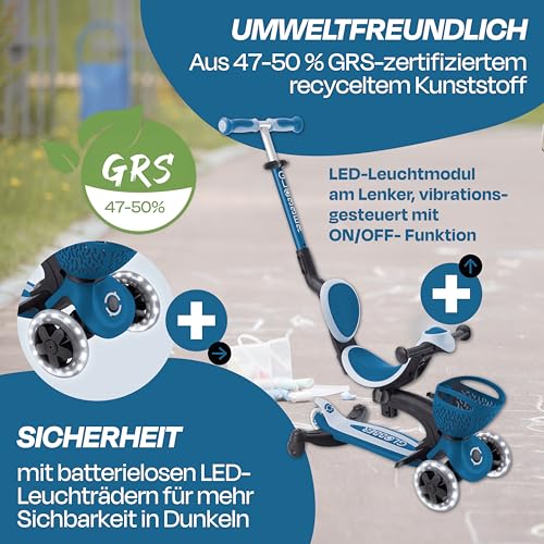 GLOBBER GO-UP Baby Lights 360&deg; - Tretroller, Dreirad und Laufrad f&uuml;r Kinder - h&ouml;henverstellbares Kinderfahrzeug - 3r&auml;drig bis 9 Jahre - Bunte LED-Leuchtrollen - Petrol-hellblau