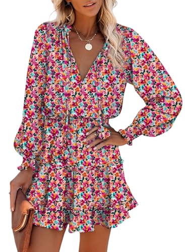 Dokotoo Fall Dresses for Women 2025 Boho Floral Drawstring V Neck Smocked Long Sleeve Ruffle Tiered Chiffon Mini Dress