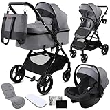 Twinly Carrito de Bebe 3 en 1 – Carro Bebe 3 Piezas con Grupo 0 (i-Size),Plástico Lluvia y saco – (Gris)