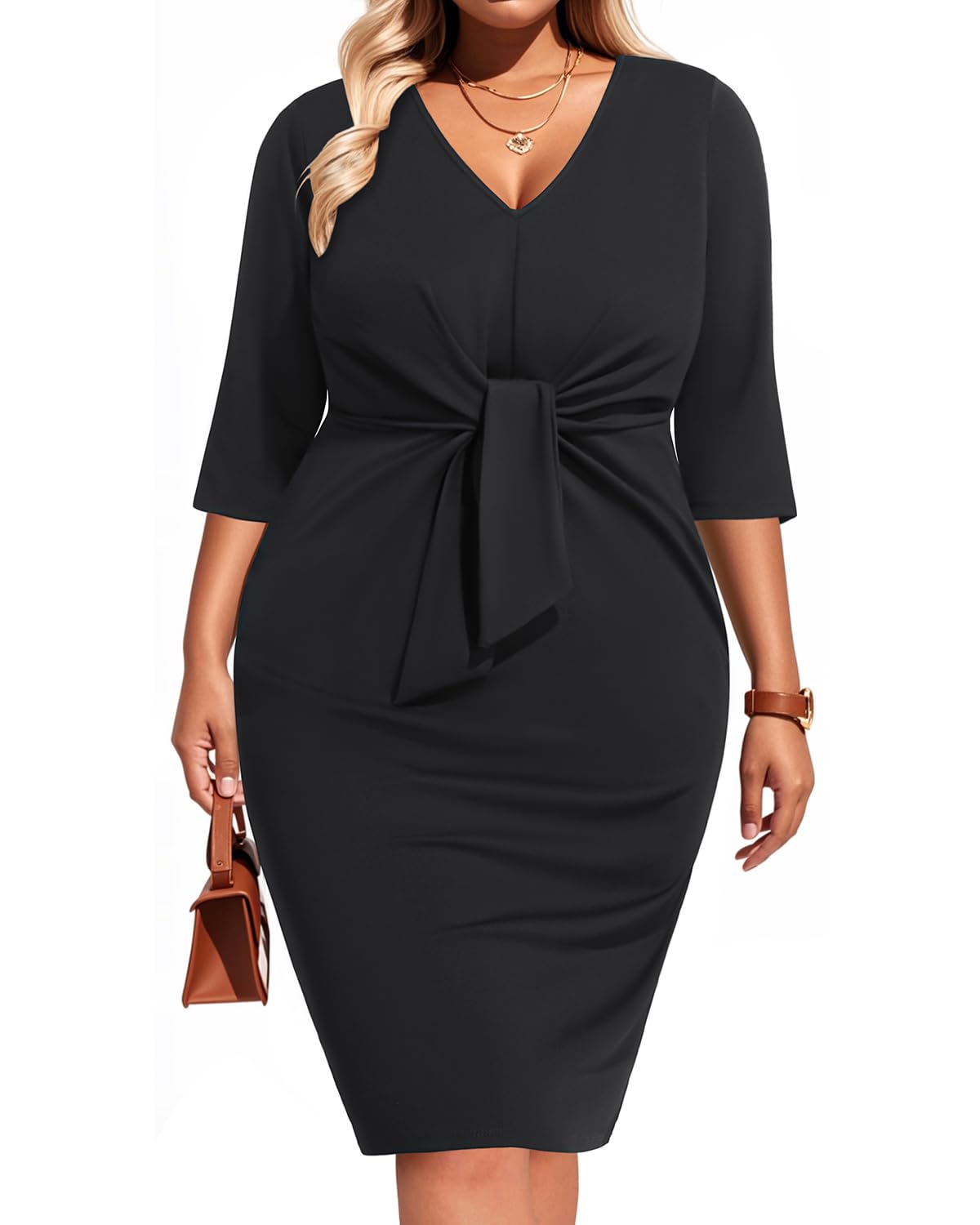 Pinup Fashion Women Plus Size Work Dresses - Wedding Guest Cocktail Semi Formal Tie Waist Sheath Dress