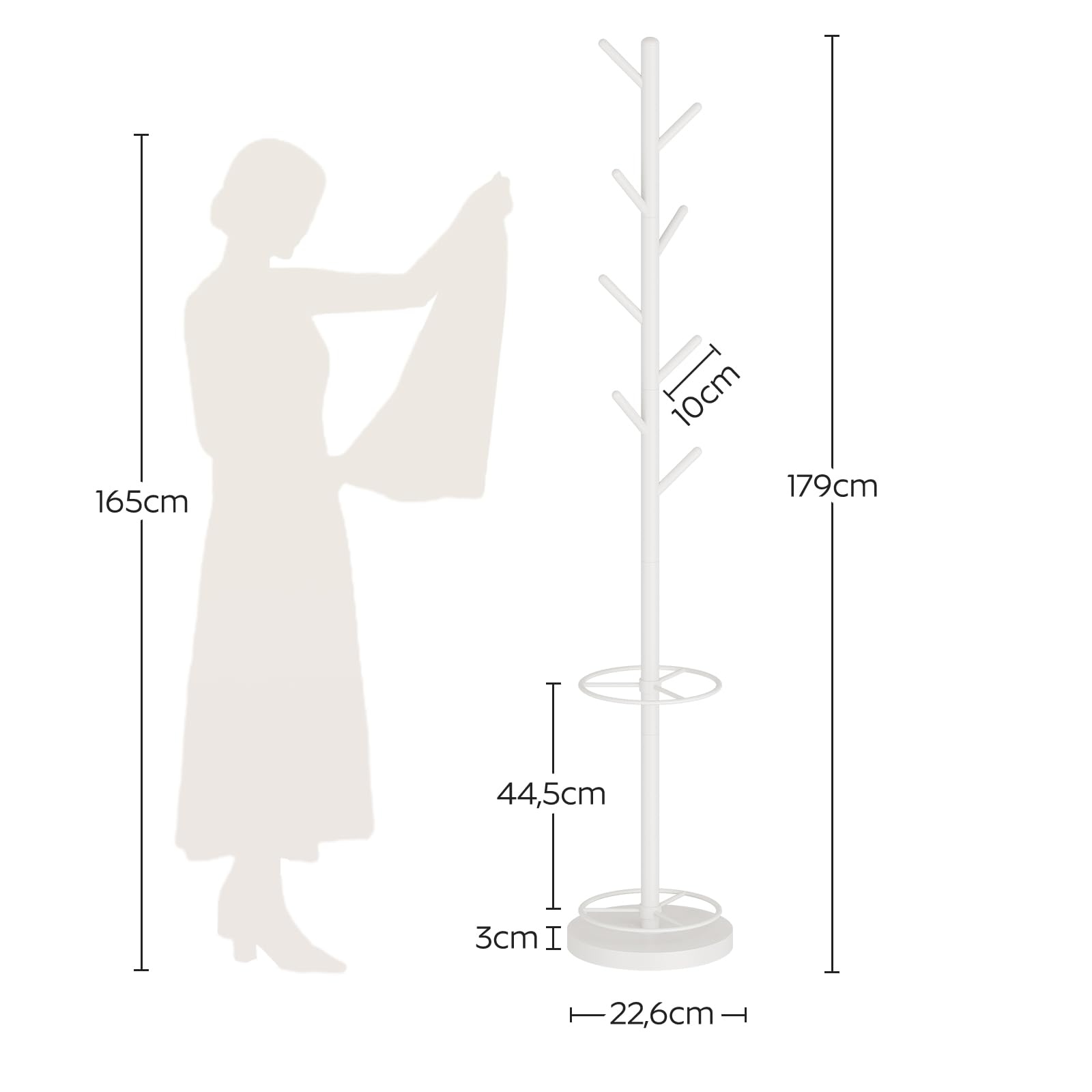 YATINEY Appendiabiti ad Albero con Portaombrelli, Attaccapanni da Terra 179 cm Autoportante per Ingresso e Corridoio, Appendiabiti Multilivello per Cappelli Borse Giacche, Bianco XYM03WW