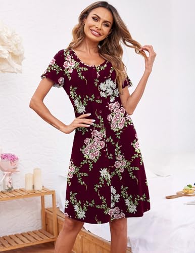 Image of Ekouaer Women's Nightshirt Short Sleeve Button Down Nightgown V-Neck Sleepwear Pajama Dress