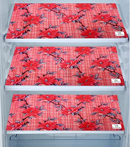 Image of Polyester 3-Layered Fridge Top Cover /Refrigerator Cover with Utility Pockets and Set of 3 Pc Fridge Mats (Color-Check Floral Red, Size-39x21 Inch)