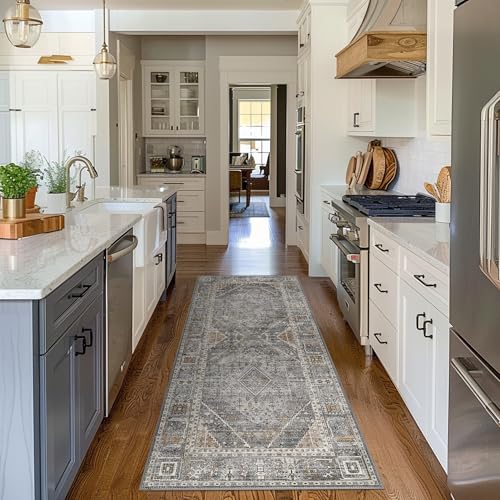 GENIMO 2x5 Non Slip Hallway Runner Rug, Machine Washable, Thin & Low Pile Lightweight for Kitchen, Laundry, Entryway, Bedroom & Living Room, Light Gray