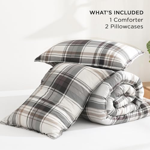 Image of Andency Gray Brown Black Plaid Comforter Set Queen(90x90Inch), 3 Pieces Grid Gingham Stripes Bedding Comforter Sets for Boys Girls Kids Teens, Preppy Geometric Line Soft Lightweight Reversible Bed Set