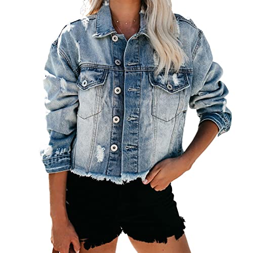 Longyida Denim Jackets For Women Button Down Cropped Frayed Jean Jacket Long Sleeve Distressed Ripped Denim Jacket Coat(Light Blue,M) #TOP1
