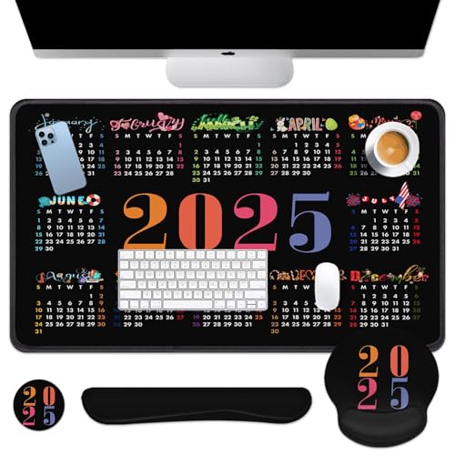 Arttown Colorido juego de alfombrillas para mouse de oficina con calendario 2025, 4 en 1, diseño ergonómico, alfombrilla grande para mouse + reposamuñecas para teclado + reposamuñecas para mouse +