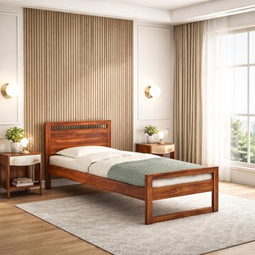 Image of KR Furniture Solid Sheesham Wood Single Bed with Headboard & Footboard | Wooden Palang Cot for Bedroom, Hostel, PG & Guest Room | Strong Single Bed | Fits 72 x 36 Inch Mattress | Honey Finish