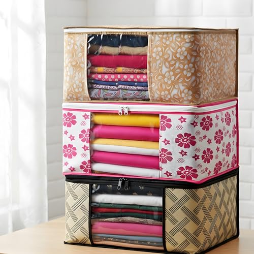 Image of Large Capacity Non-Woven Storage Bags | Wardrobe Organizer for Clothes, Sarees & Blankets with Heavy-Duty Zipper | Set of 3 (Red-Yellow Checked) | Foldable Dust-Proof Closet & Bedroom Storage