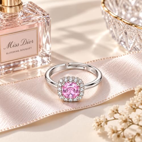 Image of KYAT 925 Sterling Silver Adjustable Ring for Women | Square Princess Cut Purple Amethyst Zircon Stone | Baguette CZ Side Stones | Valentine Gift, Birthday Gift for Girls | Free Size Ring