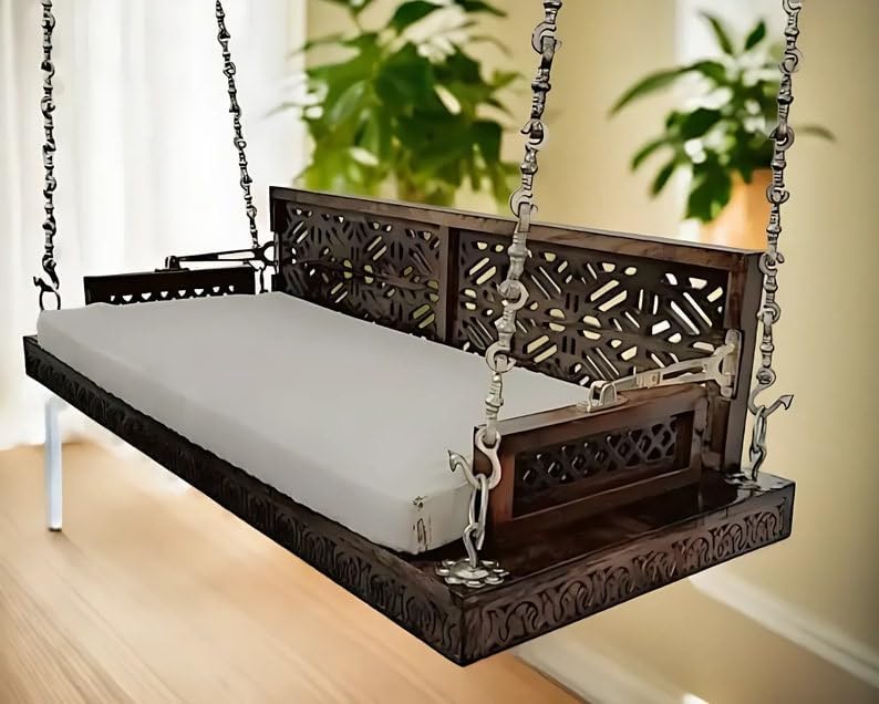 Jairi Traders Wooden Swing with Back Support,Hand Rest Carved with Stainless Steel accesssories Reversible