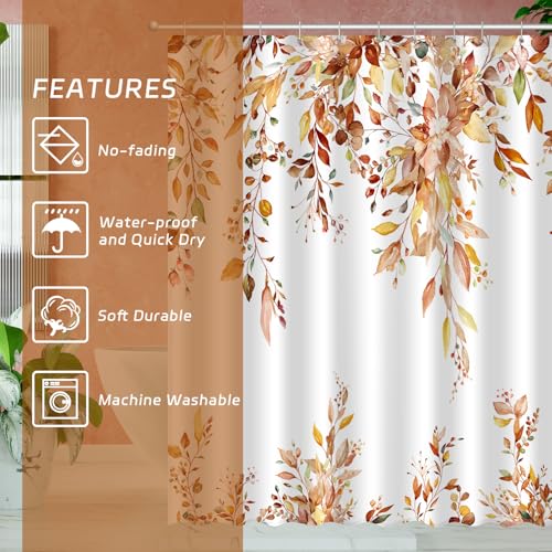 Image of Fall Eucalyptus Leaves Shower Curtain, Autumn Aesthetic Art Watercolor Plant Leaf with Floral Bathroom Decor, Waterproof Fabric Cloth Bath Curtain Set with Hooks (Brown-Orange, 72 inch W x 72 inch L)