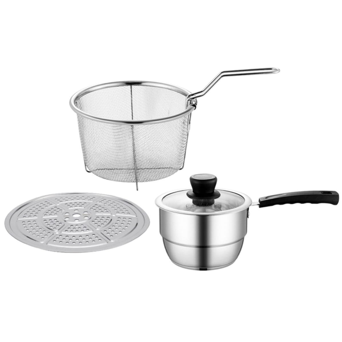 Vaporera Multifuncional de Acero Inoxidable 304 Cesta para Freír y Olla para Leche, Ligera y Apilable, Adecuado para Cocina y Puestos de Comida Varios estilos