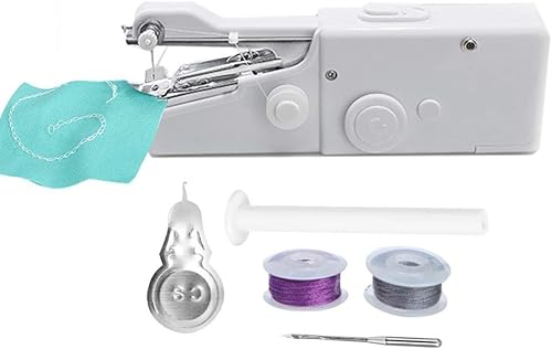 Focket Mini máquina de coser de mano, blanco, plástico y metal, funciona con pilas, ideal para niños y principiantes, proyectos de bricolaje