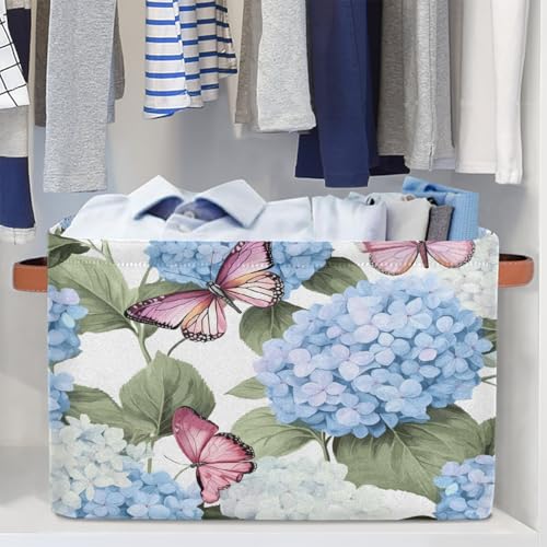 Image of Blue Hydrangea Flowers Storage Baskets for Organizing, Fabric Collapsible Storage Bins Box Pink Butterfly Decorative Toy Organizer Baskets for Closet Shelves Gift Basket 1 Pc