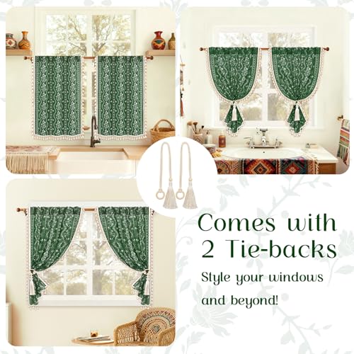 Image of Yinhua Boho Kitchen Curtains 36 Inch Length Vintage Linen Cafe Curtains Light Filtering Bohemian Floral Tier Rod Pocket Farmhouse Rustic Tassel Small Drapes with Tiebacks, 2 Panels, Olive Green