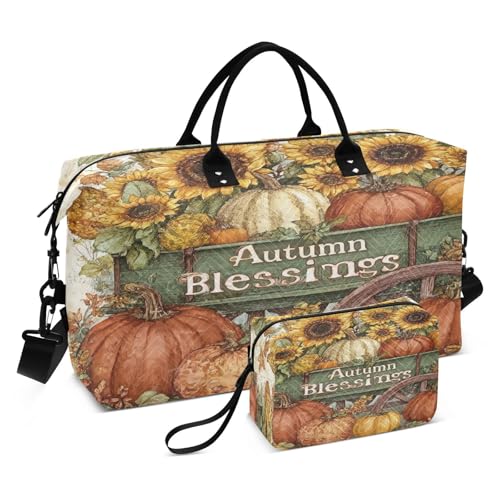 Autumn Pumpkin Wagon Harvest Travel Duffel Bag for Men Women with Makeup Bag Weekend Overnight Carry On Bags for Yoga Travel Gym