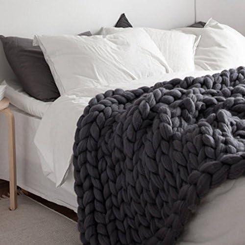 100X150cm Chunky Knit Blanket Merino Wool Blend Arm Knitted Throw Super Large Hand Knitting Yarn Pet Bed Chair Sofa Yoga Mat Rug (Dark Grey)