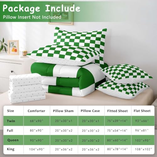Image of Feelyou Checkered Retro 7 Piece Bedding Set Teen Women Men Green White Plaid Comforter Set with Sheets Twin Size Kids Boys Geometric Vintage Bed in a Bag Modern Simple Groovy Aesthetic Room Decor