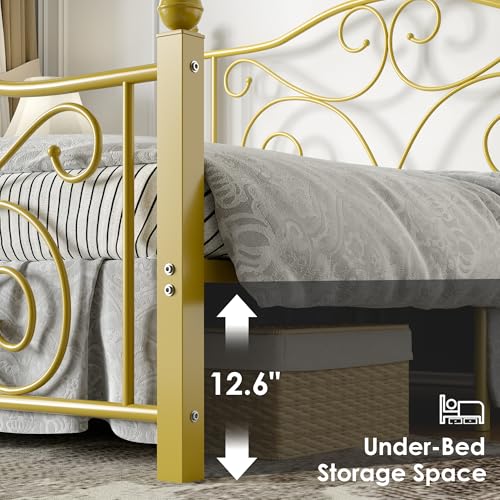 Image of VECELO Queen Size Bed Frame with Headboard and Footboard, Heavy Duty Metal Slat Support, Platform Mattress Foundation, No Box Spring Needed, Easy Assembly, Gold