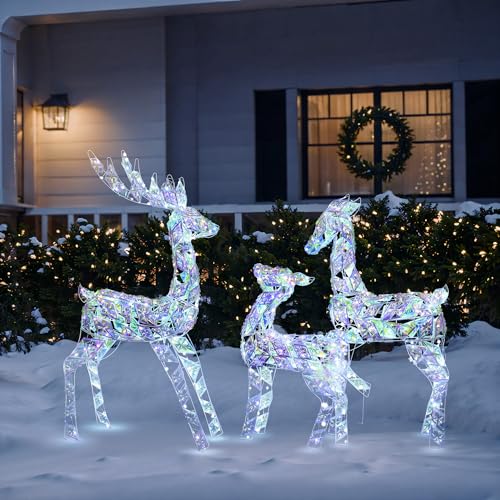 LuxenHome 3PCs Reindeer Christmas Decoration, Lighted Reindeer Family with Holographic,