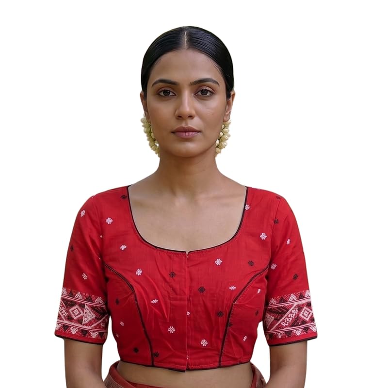 Khoai Women's Cotton Blouse | Design DP8 Printed Saree Blouse | Size 32" to 36" | Red, Black, White-image-43