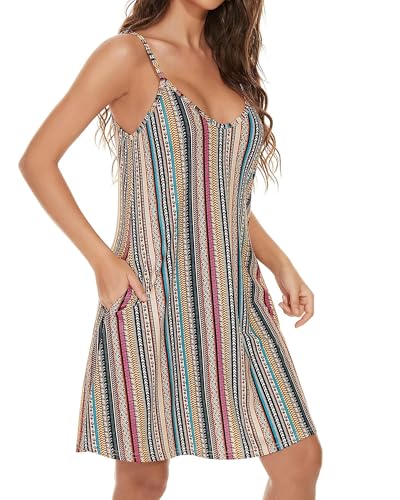 JOELLYUS Womens Summer Dresses Spaghetti Strap Sundress Casual Beach Cover Ups Swing Dress with Pockets (Stripe,M)