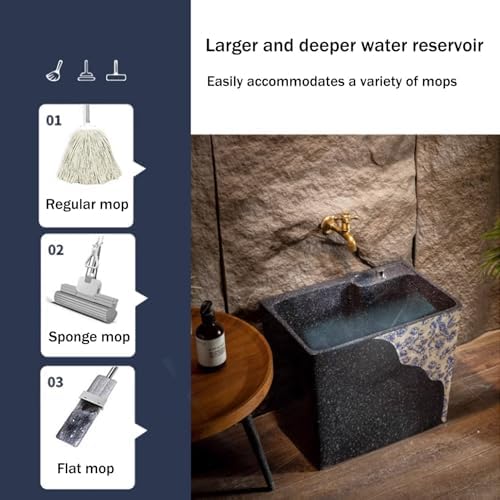 Artistic Ceramic Mop Sink with Button Drain, Versatile Slop Basin for Bathrooms, Courtyards & Balconies, Decorative Utility Mop Basin (Faucet Optional)