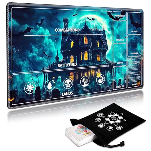 Image of for MTG Playmat with Card Storage Bag,Non-Slip Rubber Base & Smooth Surface 24x14in,Beginner-Friendly Magic Mat for Commander Deck,Cemetery Castle