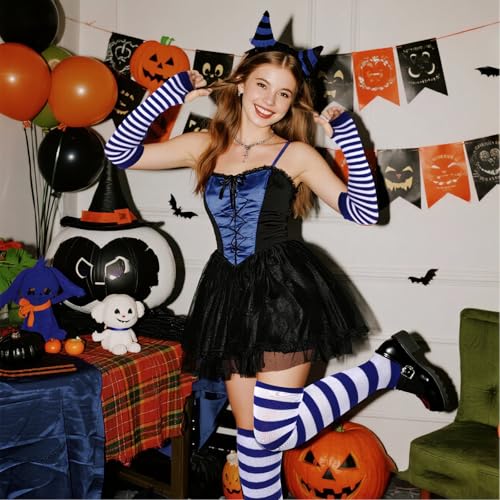 Image of Tongcloud Women's Striped Knee High Socks, Over Knee Thigh High Socks, Arm Warmer and Fingerless Gloves Set