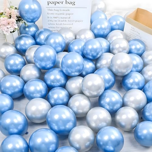 Image of Chrome Balloon for Birthday Decoration Kit Metallic Blue & Silver 20 pcs Latex Glossy Finish Party Balloons for Wedding, Anniversary Celebration 10 Inch Helium & Air Supported