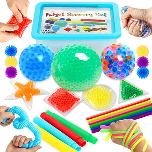 Zaxideel Sensory Toys For Autistic Children And Adults, 23 Pack Fidget Toys - Pop Tubes, Bean Bags, Giant Stress Ball, Squeeze Ball, Spiky Sensory Balls And Stretchy Strings Set