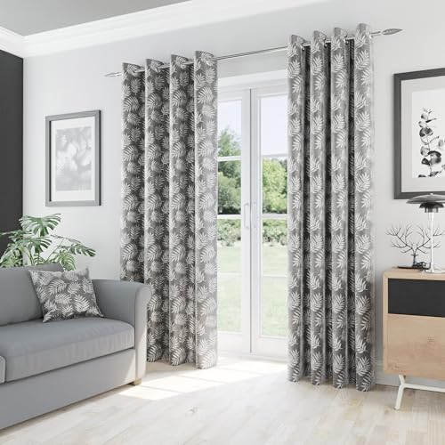 Oakland Grey Leaf Print Thermal Blockout Curtains with Eyelet Top - 66 x 90 inch (168x229cm) - Energy Saving & Noise Reducing Curtains for Living Room & Bedroom