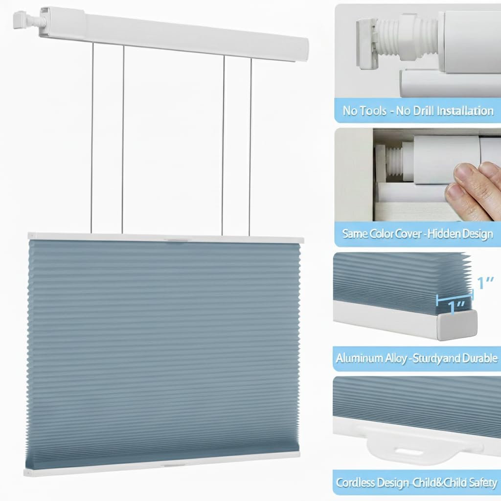 Cordless Honeycomb Cellular Shades with Top Down Bottom Up No Drill No Tools Easy to Install UV Protection Indoor Windows Thermal Insulated Noise Reduction Blinds, Light Filtering-Blue