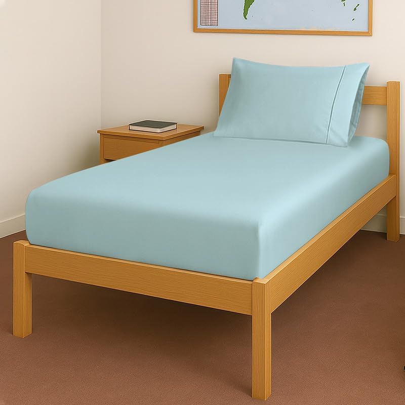 Pizuna Pure Cotton Twin Fitted Sheet with Queen Size Pillow Case 400 Thread Count 100% Long Staple Cotton Breathable 15'' Deep Pocket Fitted Bed Sheet 2Pc (Soft Sateen Weave Baby Blue)